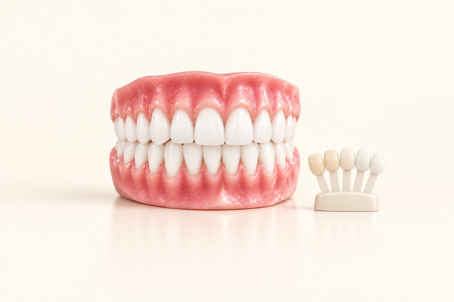 Modelo dental con los dientes blancos junto a una guía de color en abanico