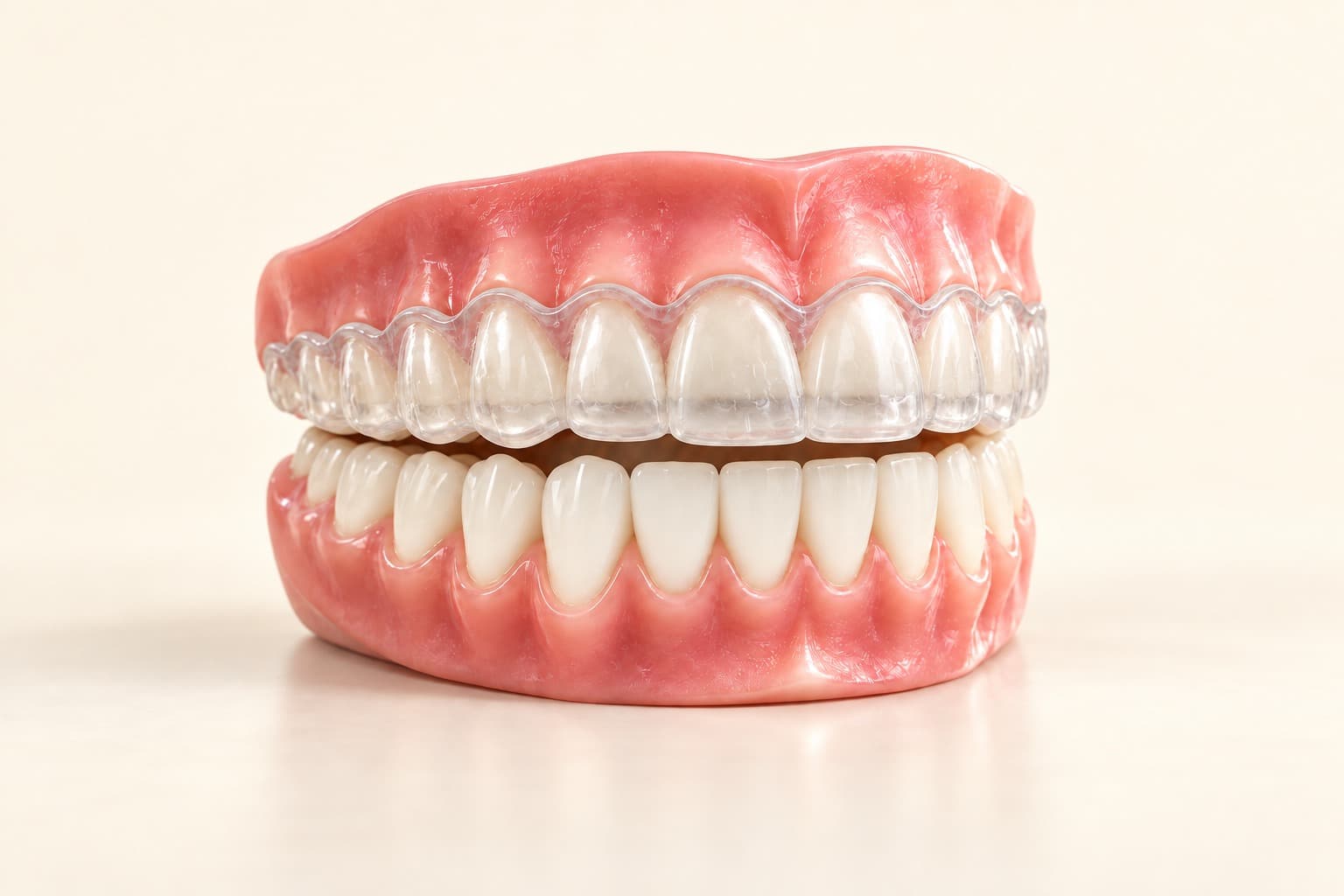 Modelo dental con una guarda transparente colocada sobre los dientes superiores