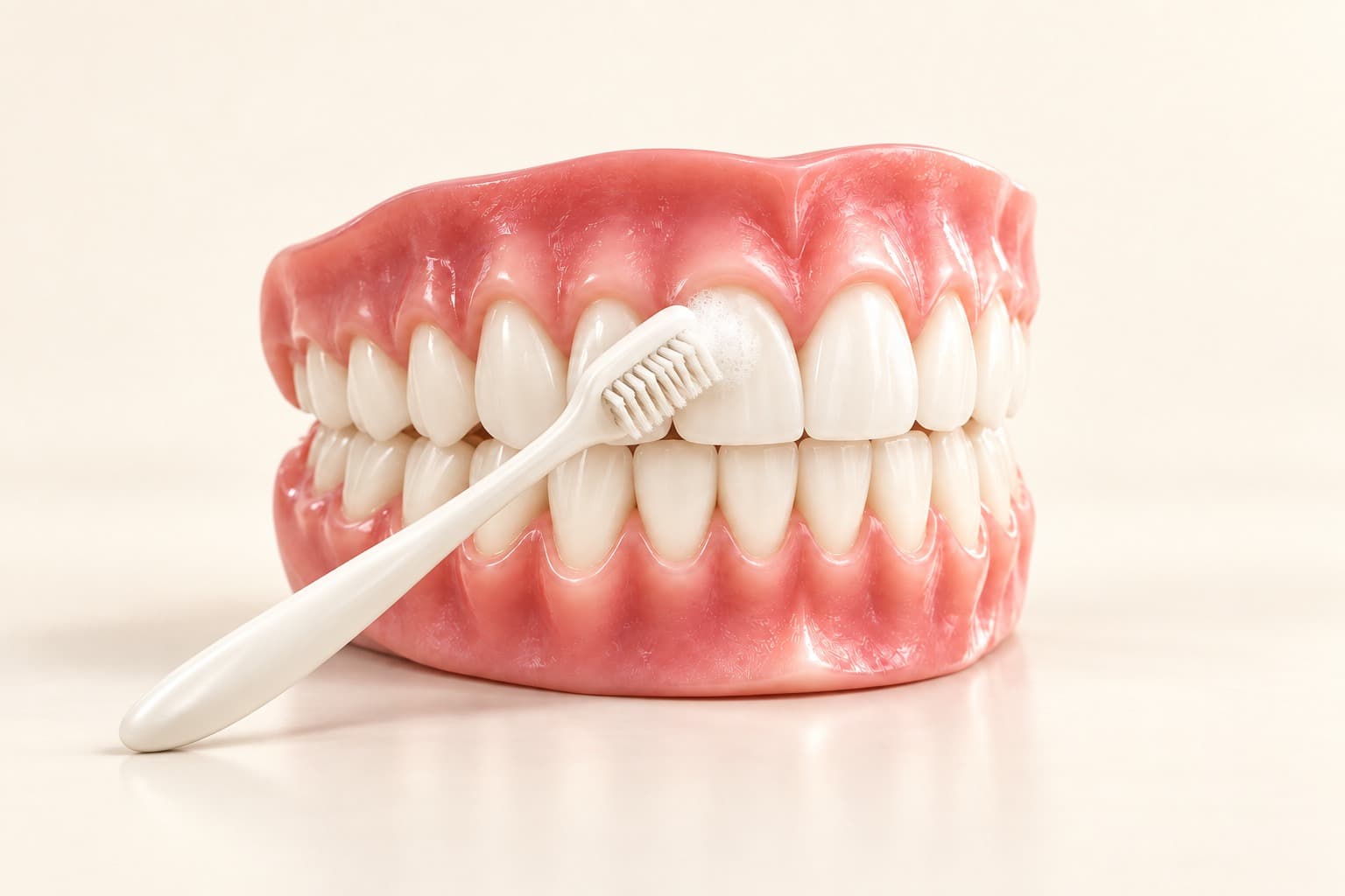 Modelo dental con un cepillo y un poco de espuma sobre los dientes frontales