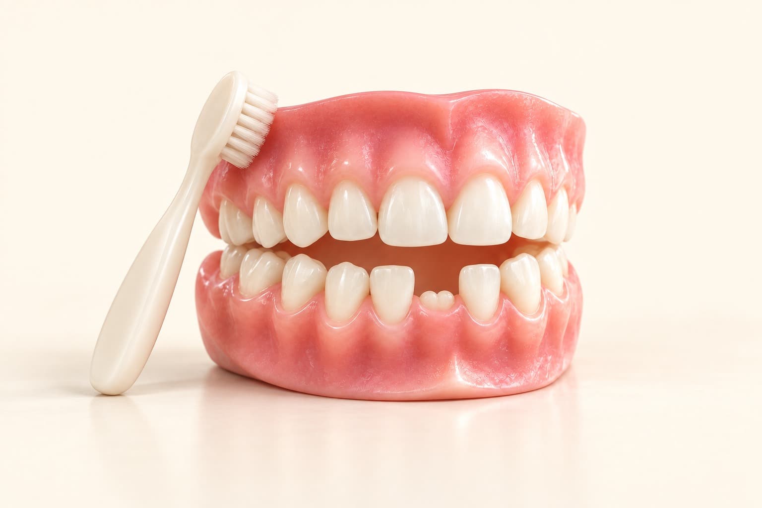 Modelo dental infantil con un diente de leche caído y un cepillo pequeño recargado al frente