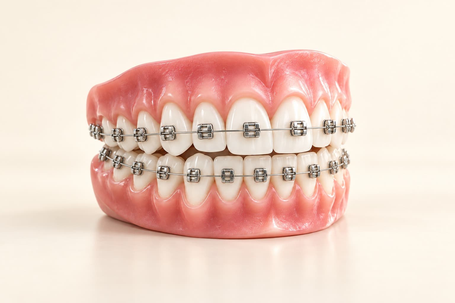 Modelo dental con brackets metálicos en ambas arcadas