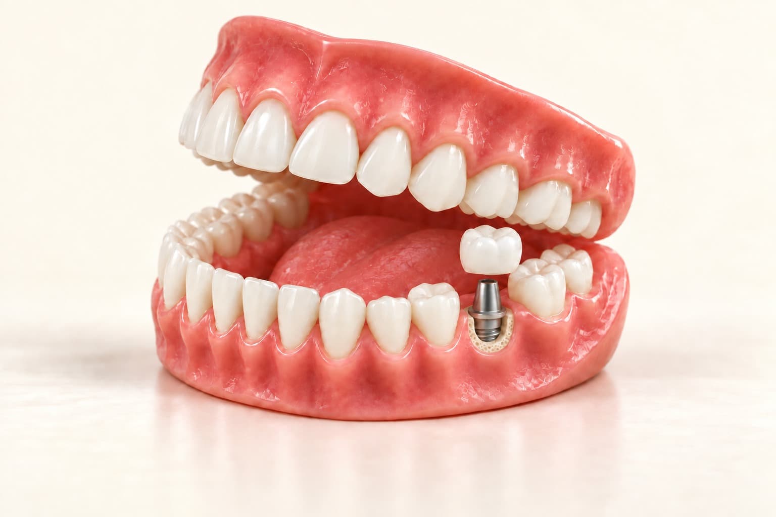 Modelo dental abierto con una corona sobre implante en el espacio de una muela faltante