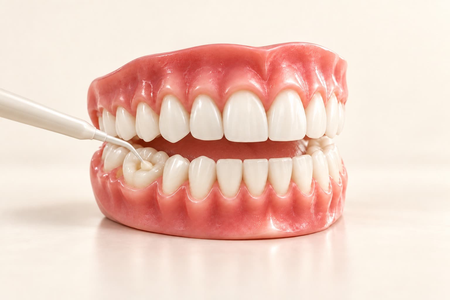 Modelo dental con un aplicador colocando resina en una muela inferior